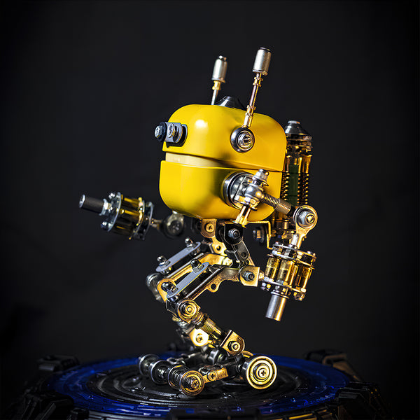 A dark studio background product photography of a steampunk puzzle robot metal model in a striking yellow color variant with metallic gears.