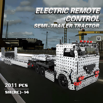 An e-commerce promotional banner of a steampunk puzzle electric remote control semi-trailer tractor metal model with 2011 pieces.