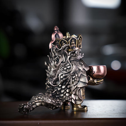 Side view of Tablefunny's steampunk Tang Sanzang metal model with its accompanying dragon mount, showcasing intricate mechanical steampunk details on the dragon's scales and the monk's attire, a unique 3D puzzle collectible.