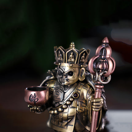 Close-up of Tablefunny's steampunk Tang Sanzang metal model, focusing on the mechanical steampunk facial features, the intricately designed staff, and the "佛" (Buddha) character on his bowl, showcasing the fine details of this 3D puzzle collectible.