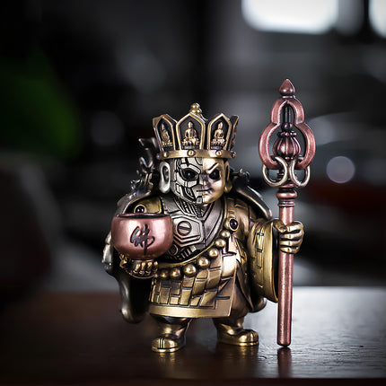 Full front view of Tablefunny's steampunk Tang Sanzang metal model, holding his staff and "佛" (Buddha) inscribed bowl, highlighting the complete mechanical steampunk design and intricate details of this 3D puzzle collectible.