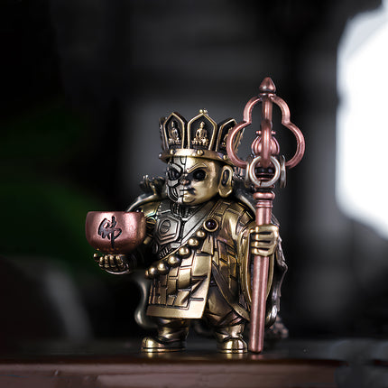 Tablefunny's steampunk Tang Sanzang (Tripitaka) metal model from Journey to the West, featuring a mechanical steampunk design with a crown, staff, and a bowl, an exquisite 3D puzzle collectible or metal model.