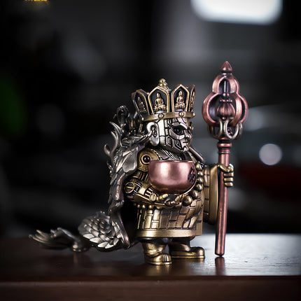 Side view of Tablefunny's steampunk Tang Sanzang metal model, highlighting the intricate mechanical steampunk details of his robe, crown, staff, and his unique accompanying creature, a distinguished 3D puzzle collectible.