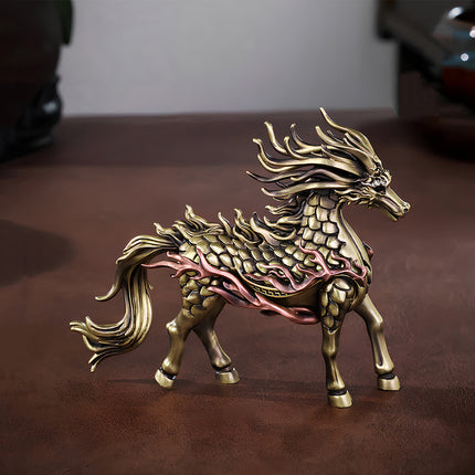 Tablefunny mechanical steampunk White Dragon Horse metal model with a stunning antique brass finish and intricate copper-toned flame details.