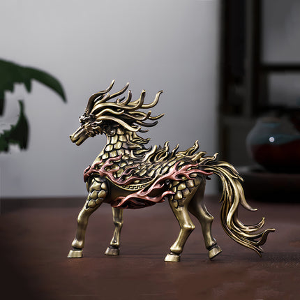 Side profile of Tablefunny mechanical steampunk White Dragon Horse metal model, featuring flowing copper-toned flames and intricate dragon scales.