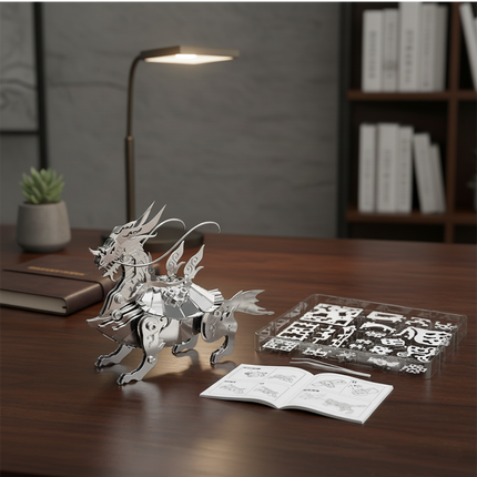 Tablefunny's assembled Xuanwu-inspired mechanical steampunk metal model displayed on a desk with unassembled 3D puzzle metal kits and instruction manual, highlighting the engaging steampunk puzzle building experience.