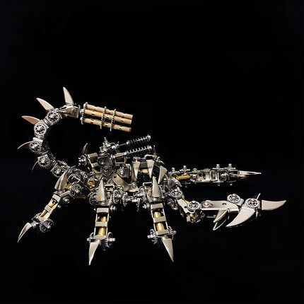 Intricate steam punk mech scorpion statue with detailed metallic pincers and gear joints, premium metal model.