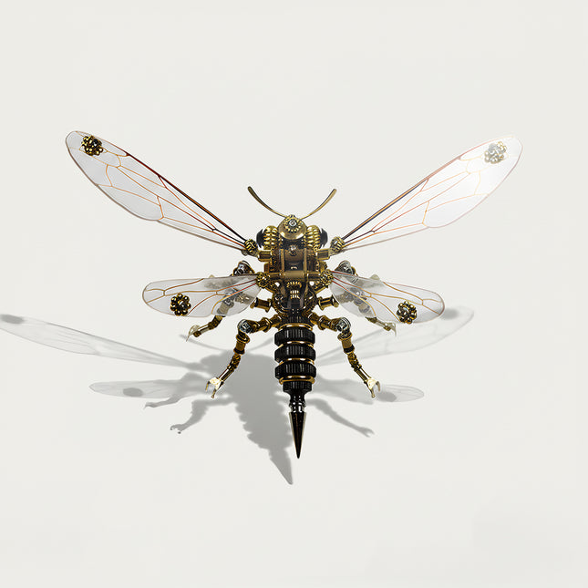 Elegant steampunk wasp mech 3D puzzle metal kits with transparent wings, a detailed mechanical steampunk metal model perfect for collectors.