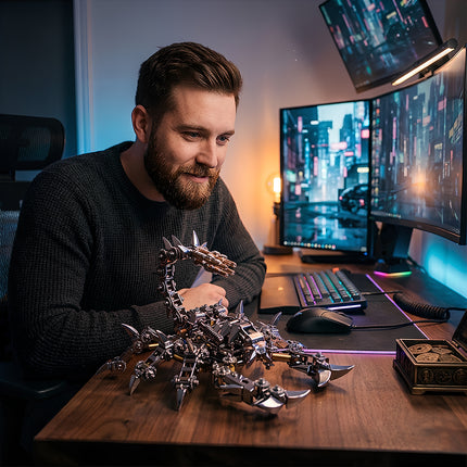 Professional desk setup featuring a large 3D puzzle Metal Kits scorpion, high-end silver metal model art for modern home offices.
