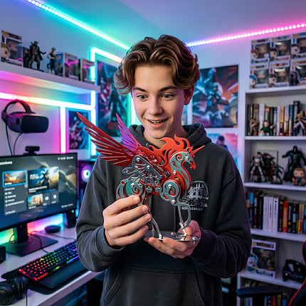 A delighted teenager holds up a finished, brightly colored steampunk unicorn metal model, a proud achievement from a 3D puzzle metal kit, in a vibrant, neon-lit gaming room, showcasing the appeal of mechanical steampunk models to a younger audience.