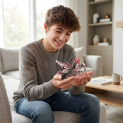 A happy teenager sitting in a living room proudly holding an assembled pink 3D metal mechanical praying mantis model in both hands.