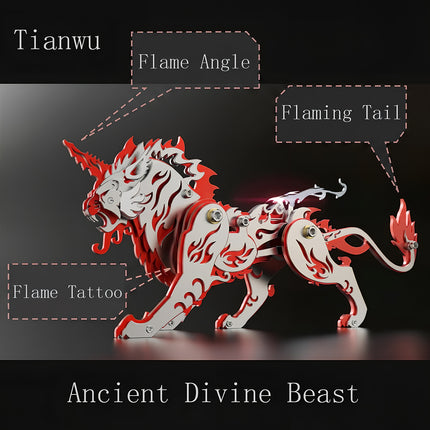Anatomy infographic of the red and silver ancient divine beast metal puzzle Tianwu, labeling its flame angle, flame tattoo patterns, and flaming tail.