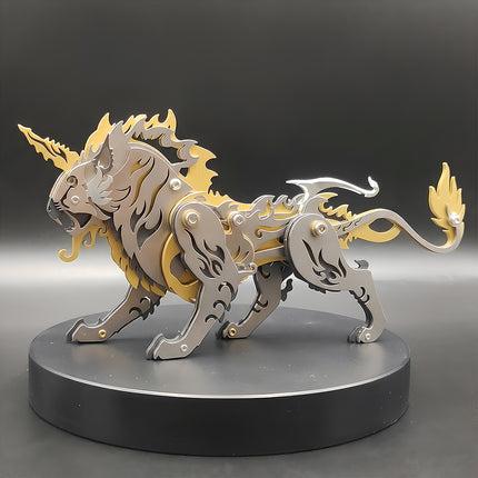 Side profile view of the gold and silver mechanical mythical creature puzzle Tianwu standing on a black circular display base against a dark background.