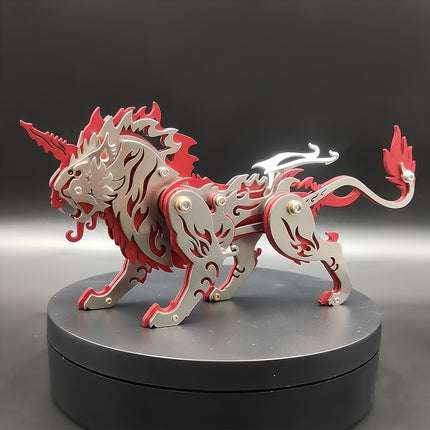 Side profile view of the red and silver steampunk mythical beast model Tianwu standing on a black circular showcase base with a dark background.