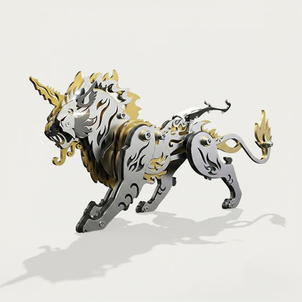 Gold and silver 3D metal puzzle of Tianwu, the mythical Chinese water god beast designed as a mechanical unicorn lion with intricate flame armor plates.