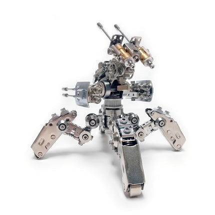 High-angle top view showing the intricate gear and dual cannon details of a 3D metal mechanical spider mecha model.