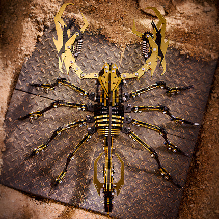 A symmetrical 3D puzzle Metal Kits project, showing a completed metal model scorpion in a desert industrial scene.
