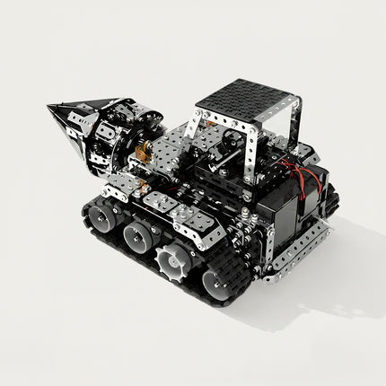 A tracked mechanical drill vehicle metal model on a white background, built from 3D puzzle Metal Kits as an awesome steampunk puzzle steam punk mech.