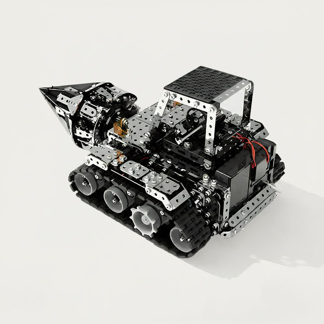 A tracked mechanical drill vehicle metal model on a white background, built from 3D puzzle Metal Kits as an awesome steampunk puzzle steam punk mech.