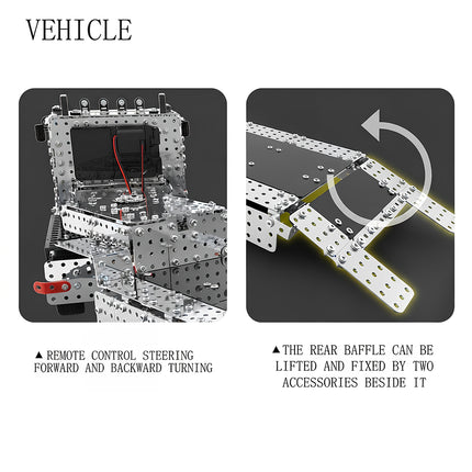 Functional details of a semi-trailer truck metal model showing remote steering and rear baffle, built from 3D puzzle Metal Kits as an awesome steampunk puzzle steam punk mech.