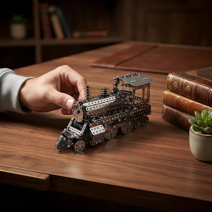 Intricate vintage metallic steam train puzzle model serving as a classic desktop ornament in a cozy study environment.