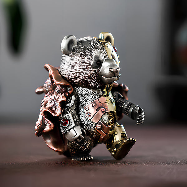 Dynamic walking mechanical steampunk panda warrior metal model with a copper cloak, a perfect gift for hobbyists.