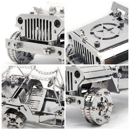 A 4-in-1 detail infographic of a silver willys jeep 3d metal puzzle, showcasing the front grille, star engraved hood, open cockpit seats, and mechanical gear wheels.