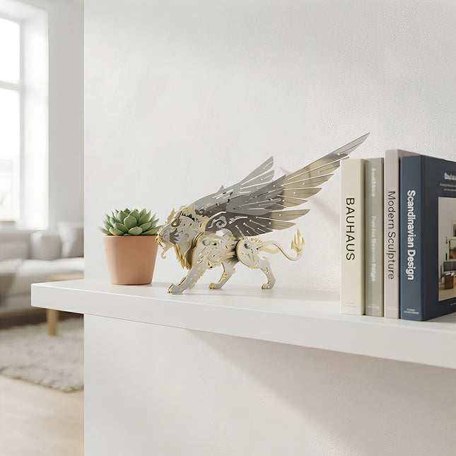 An elegant winged lion metal model displayed on a minimalist white shelf, designed as a creative steampunk puzzle and 3D puzzle Metal Kit for home decoration.