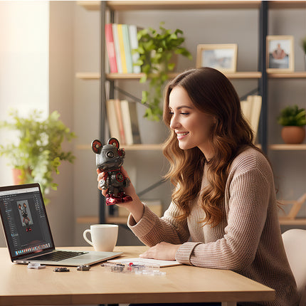 Artistic steampunk puzzle robot bear with vibrant red metallic armor, a collectible metal model from the TableFunny series.