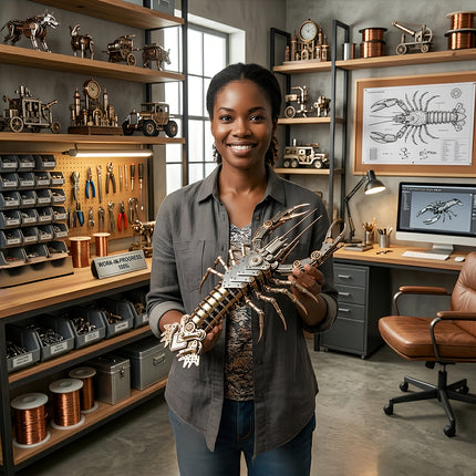 A smiling woman proudly holds a meticulously crafted steampunk lobster metal model, a unique 3D puzzle, in a workshop filled with other intricate metal kits and mechanical steampunk creations, showcasing the joy of completing a challenging metal model.