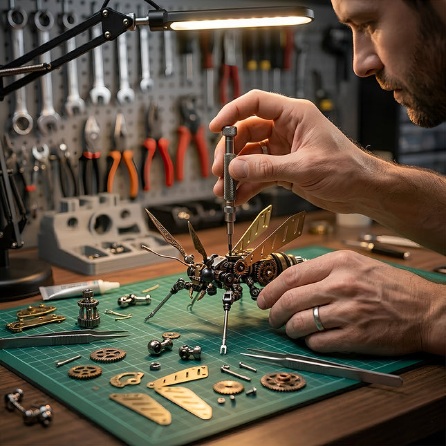 Handcrafting a detailed 3D puzzle Metal Kits hornet, an immersive steampunk puzzle project featuring precision tools and metallic gears.