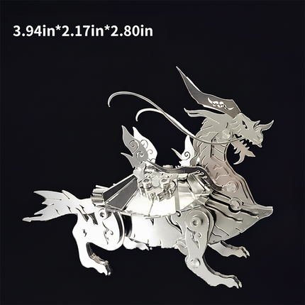 Full view of the Xuanwu-inspired mechanical dragon 3D puzzle metal kit, showing its assembled form and dimensions (3.94in*2.17in*2.80in). This metal model features intricate steampunk puzzle elements.